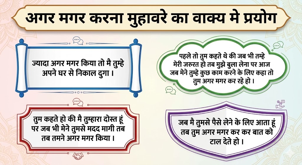 अगर मगर करना मुहावरे का अर्थ और वाक्य मे प्रयोग