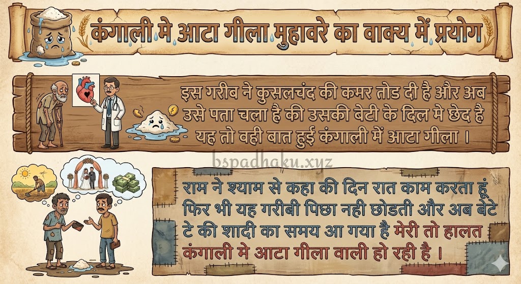 कंगाली मे आटा गीला मुहावरे का वाक्य में प्रयोग kangali me aata gila muhavare ka vakya mein prayog