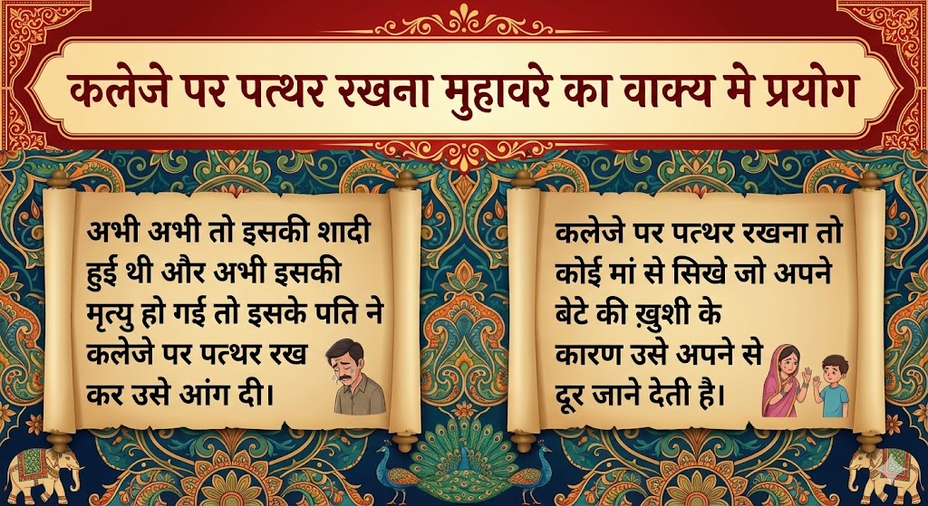 कलेजे पर पत्थर रखना मुहावरे का वाक्य मे प्रयोग Use in sentence