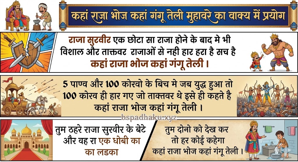 कहां राजा भोज कहां गंगू तेली मुहावरे का ‌‌‌‌‌‌वाक्य में प्रयोग kahaan raja bhoj kaha gangu teli muhavare ka vakya me prayog