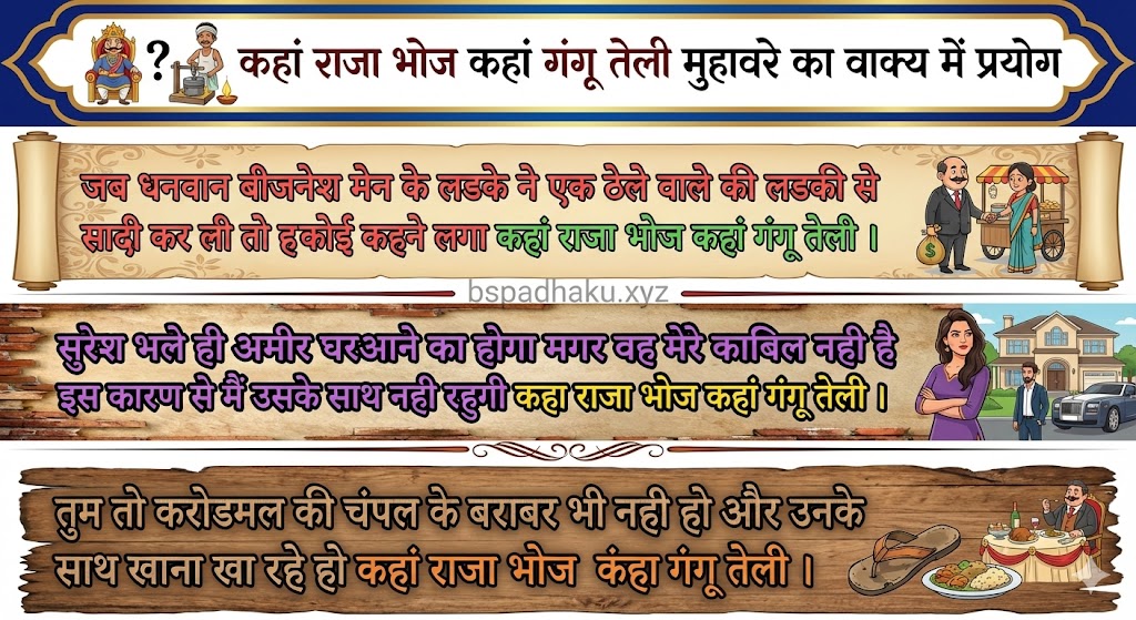 कहां राजा भोज कहां गंगू तेली मुहावरे का ‌‌‌‌‌‌वाक्य में प्रयोग kahaan raja bhoj kaha gangu teli muhavare ka vakya me prayog
