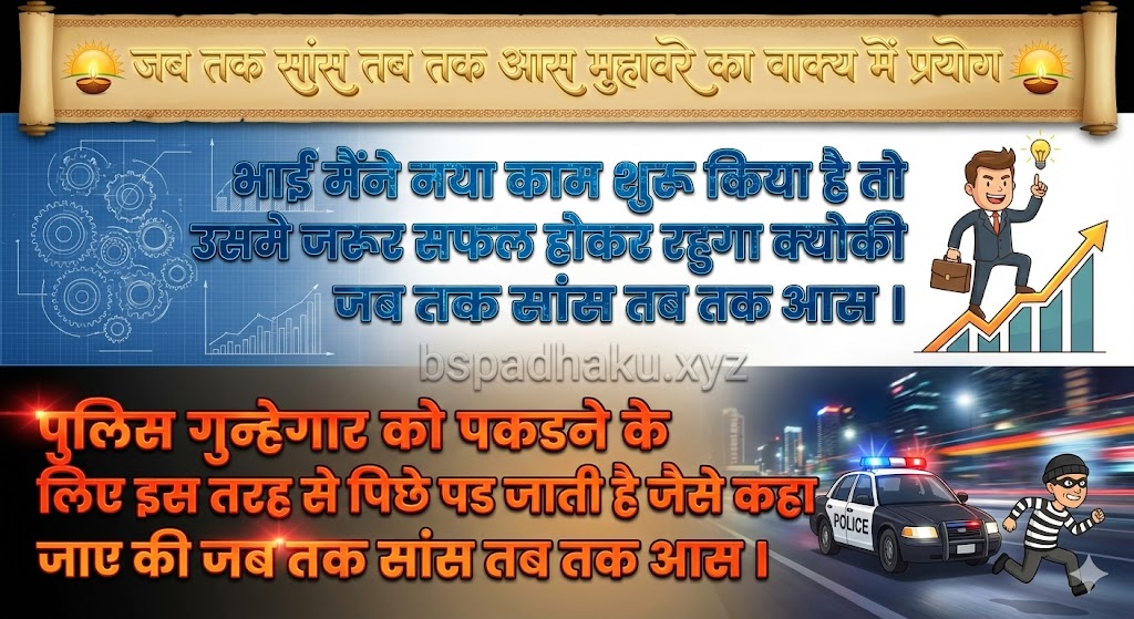जब तक सांस तब तक आस मुहावरे ‌‌‌का वाक्य में प्रयोग jab tak saans tab tak aas muhavare ka vakya me prayog