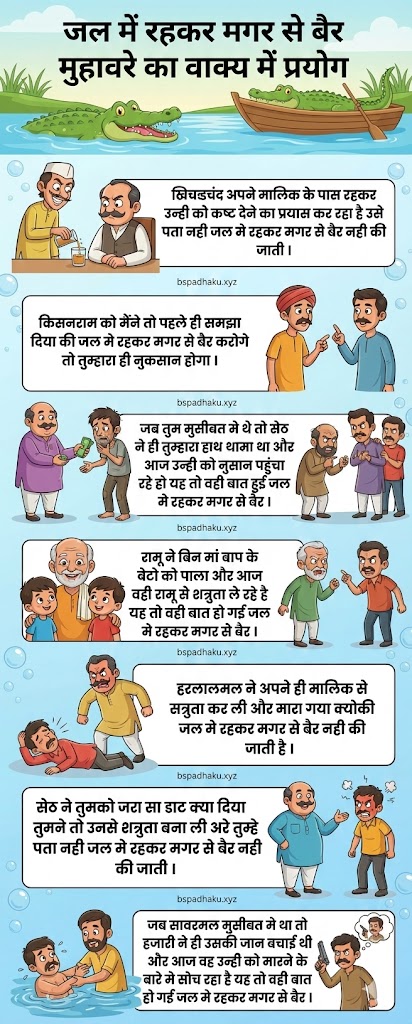 जल में रहकर मगर से बैर मुहावरे का मतलब और वाक्य में प्रयोग