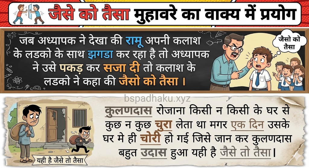 जैसे को तैसा मुहावरे का वाक्य में प्रयोग jaise ko taisa muhavare ka vakya me prayog