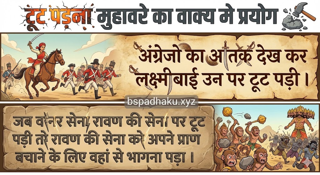 टूट पड़ना मुहावरे का वाक्य मे प्रयोग Use in sentence