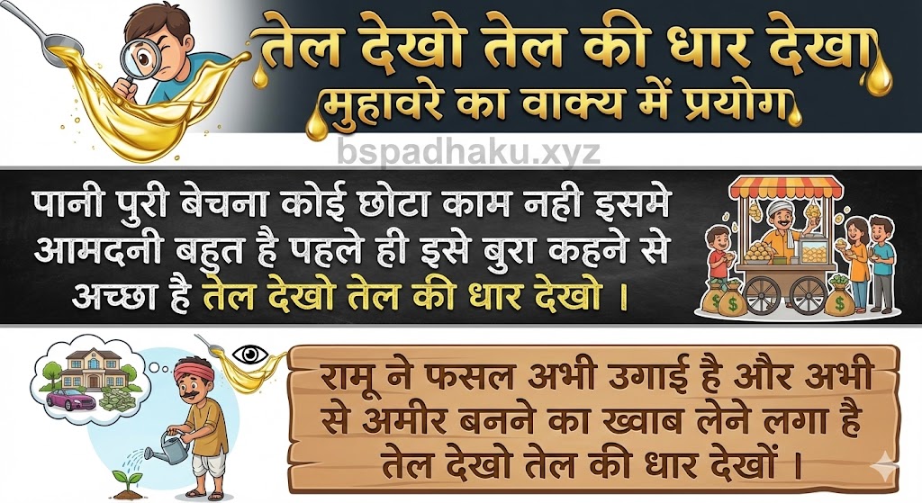 तेल देखो तेल की धार देखा मुहावरे का वाक्य में प्रयोग tel dekho tel ki dhar dekho muhavare ka vakya mein prayog