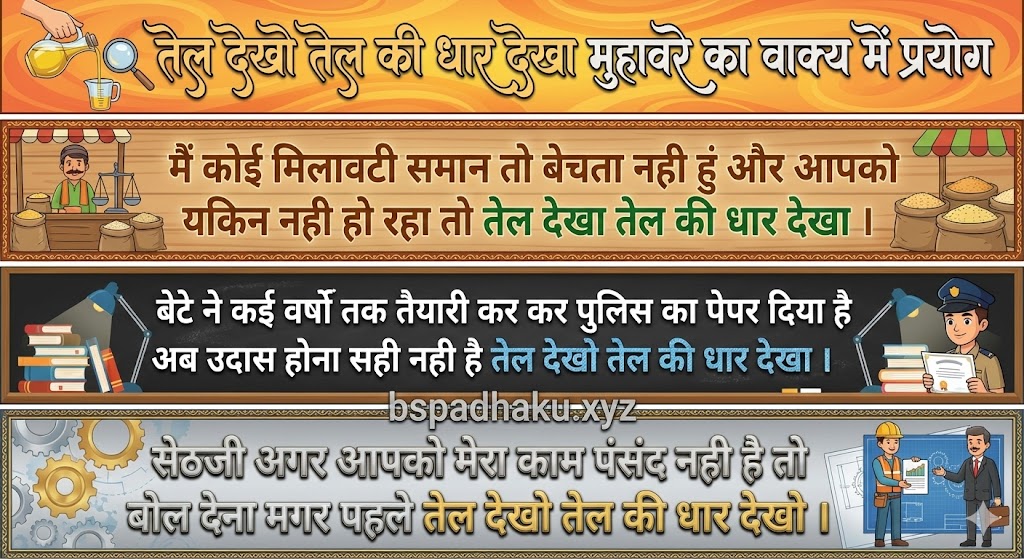 तेल देखो तेल की धार देखा मुहावरे का वाक्य में प्रयोग tel dekho tel ki dhar dekho muhavare ka vakya mein prayog