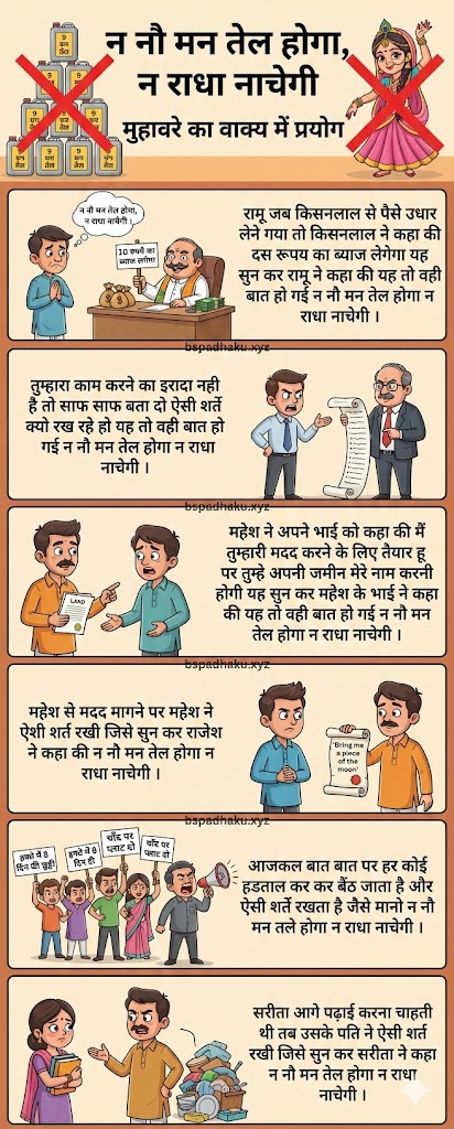 न नौ मन तेल होगा, न राधा नाचेगी का मतलब और वाक्य मे प्रयोग