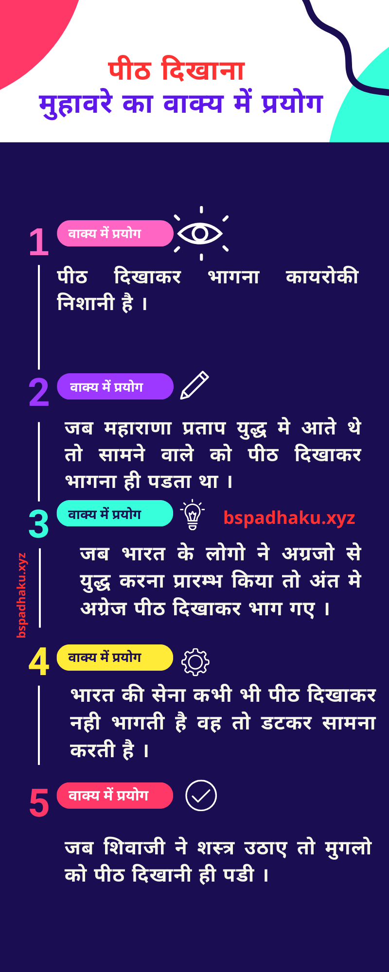 पीठ दिखाना मुहावरे का वाक्य मे प्रयोग Use in sentence