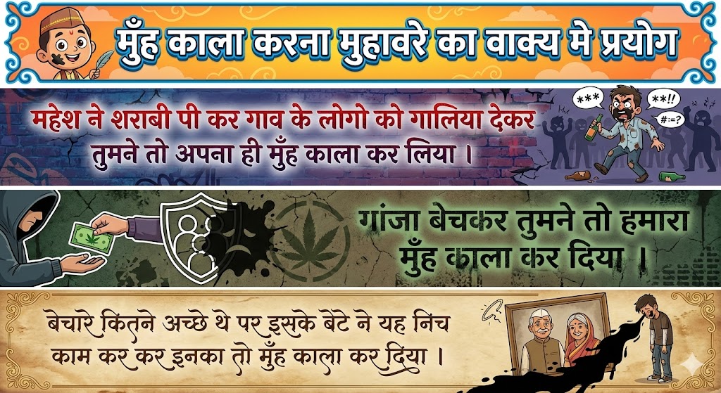 मुँह काला करना मुहावरे ‌‌‌का वाक्य मे प्रयोग Use in sentence