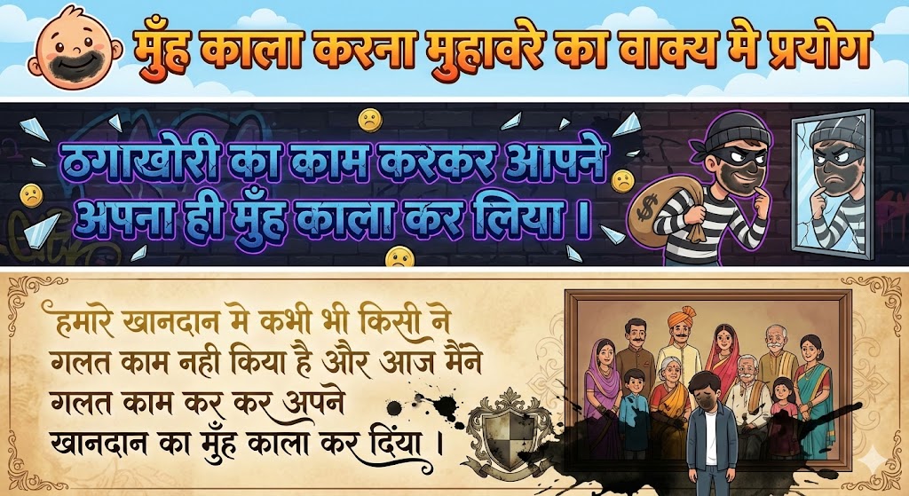 मुँह काला करना मुहावरे ‌‌‌का वाक्य मे प्रयोग Use in sentence