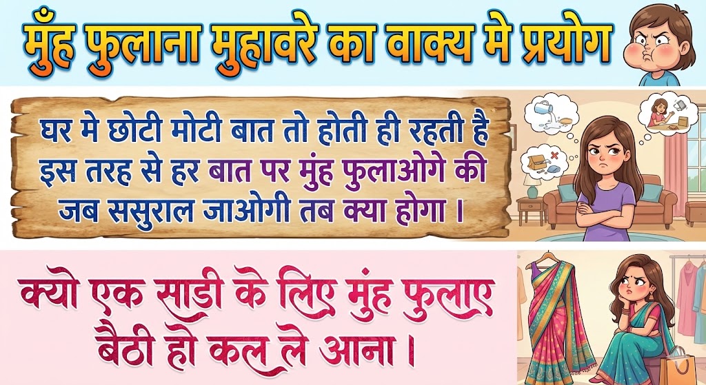 मुंह फुलाना मुहावरे का वाक्य मे प्रयोग Use in sentence