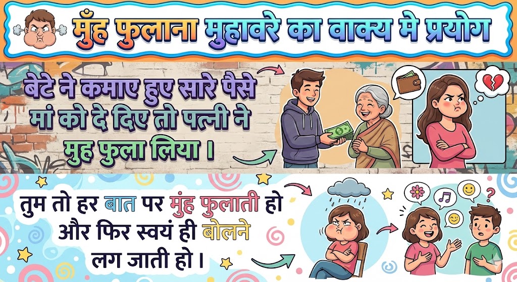 मुंह फुलाना मुहावरे का वाक्य मे प्रयोग Use in sentence