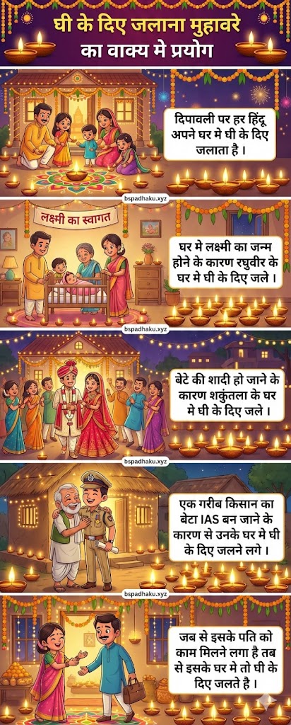 ‌‌‌आइए समझाते है, घी के दिए जलाना मुहावरे का मतलब व कहानी व वाक्य मे प्रयोग