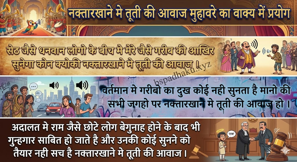 ‌‌‌नक्तारखाने मे तूती की आवाज मुहावरे का वाक्य में प्रयोग nakkarkhane me tooti ki aawaj muhavare ka vakya me prayog