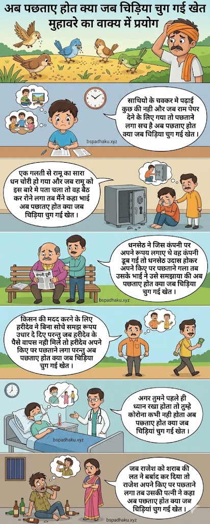 अब पछताए होत क्या जब चिड़िया चुग गई खेत मुहावरे का अर्थ और वाक्य में प्रयोग व कहानी