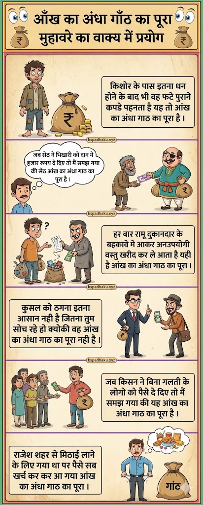 आँख का अंधा गाँठ का पूरा का अर्थ और वाक्य में प्रयोग व कहानी