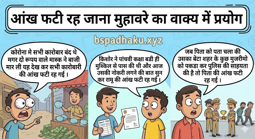 आंख फटी रह जाना मुहावरे का वाक्य में प्रयोग aankh fati rah jana muhavare ka vakya me prayog