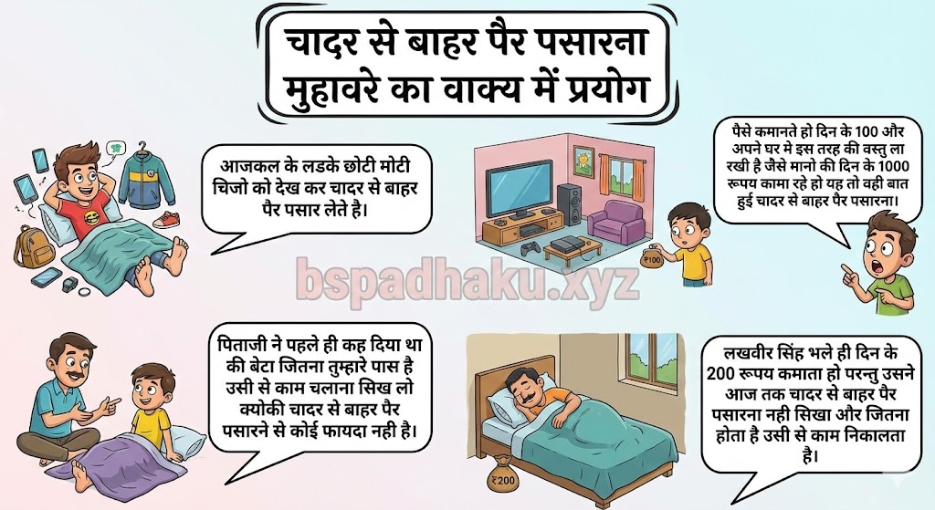 चादर ‌‌‌से बाहर पैर पसारना मुहावरे का वाक्य में प्रयोग  chadar se bahar pair pasarna muhavare ka vakya mein prayog