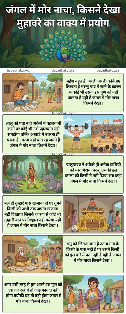 जंगल में मोर नाचा, किसने देखा का मतलब और वाक्य मे प्रयोग