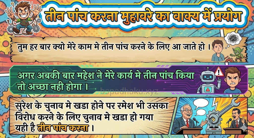 तीन पांच करना मुहावरे का वाक्य में प्रयोग  teen panch karna muhavare ka vakya mein prayog