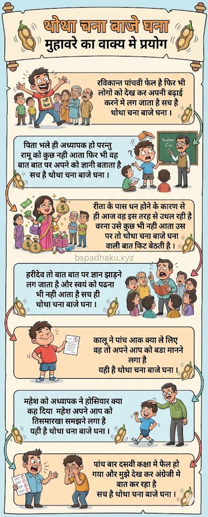 थोथा चना बाजे घना मुहावरे का वाक्य मे प्रयोग thotha chana baje ghana muhavare ka vakya me prayog