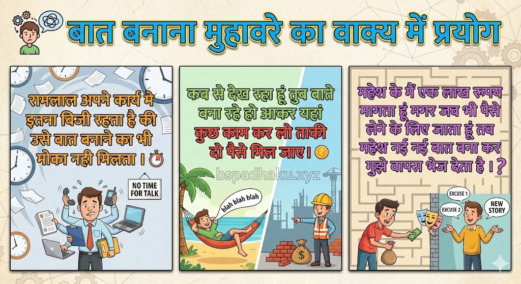 बात बनाना मुहावरे का वाक्य में प्रयोग baat batana muhavare ka vakya me prayog