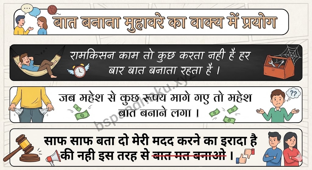 बात बनाना मुहावरे का वाक्य में प्रयोग baat batana muhavare ka vakya me prayog
