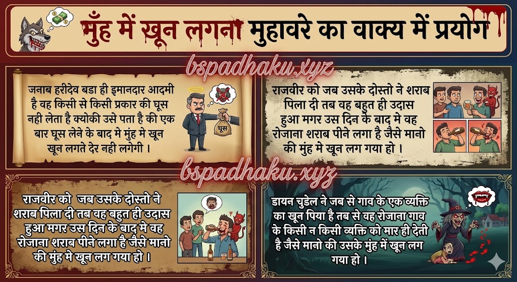 मुँह में खून लगना मुहावरे का वाक्य में प्रयोग muh me khoon lagna muhavare ka vakya mein prayog