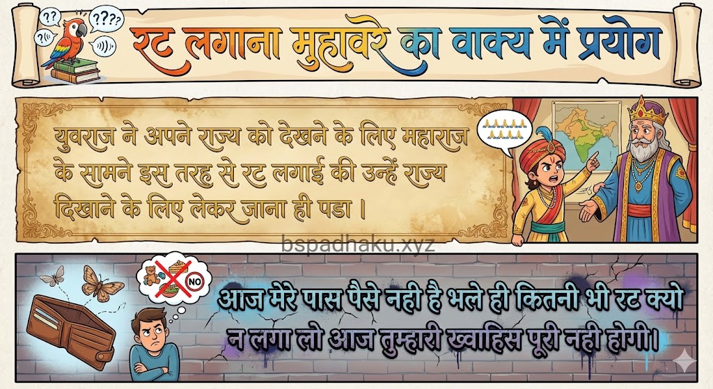 रट लगाना मुहावरे ‌‌‌का वाक्य में प्रयोग rat lagana muhavare ka vakya me prayog