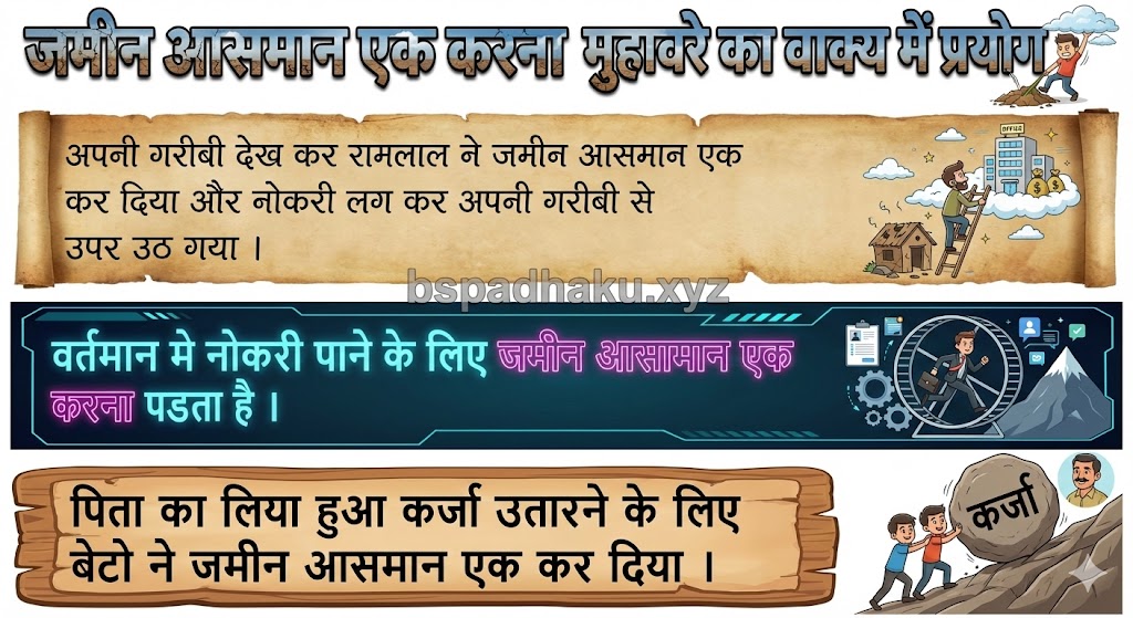 ‌‌‌जमीन आसमान एक करना मुहावरे का वाक्य में प्रयोग zameen aasmaan ek karna muhavare ka vakya me prayog