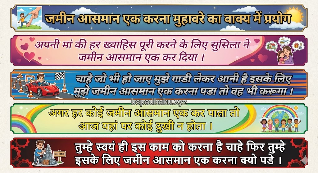 ‌‌‌जमीन आसमान एक करना मुहावरे का वाक्य में प्रयोग zameen aasmaan ek karna muhavare ka vakya me prayog