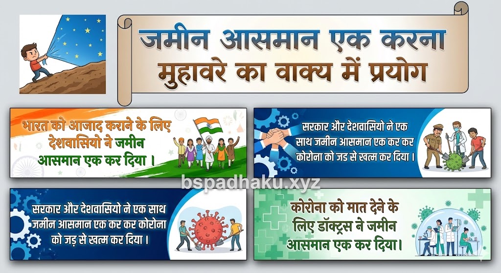 ‌‌‌जमीन आसमान एक करना मुहावरे का वाक्य में प्रयोग zameen aasmaan ek karna muhavare ka vakya me prayog