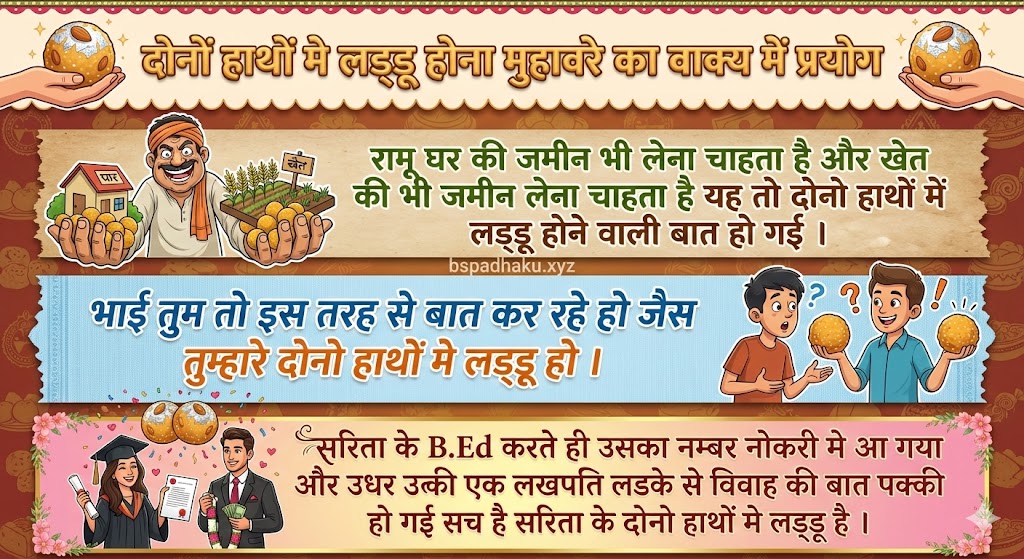 ‌‌‌दोनों हाथों मे लड्डू होना मुहावरे का वाक्य में प्रयोग donon hathon me laddu hona muhavare ka vakya me prayog