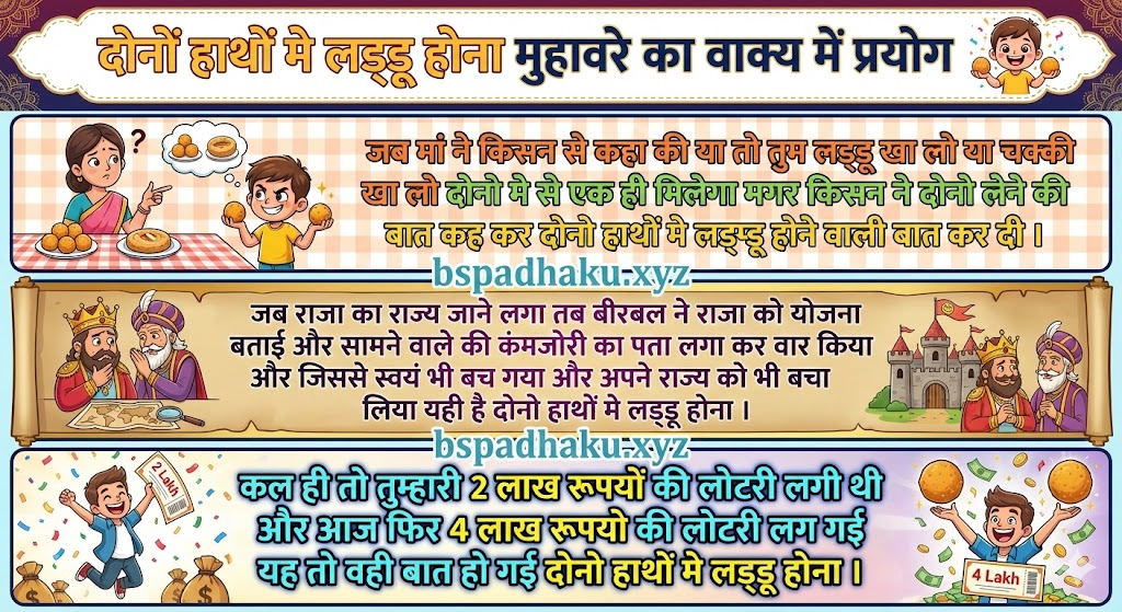 ‌‌‌दोनों हाथों मे लड्डू होना मुहावरे का वाक्य में प्रयोग donon hathon me laddu hona muhavare ka vakya me prayog