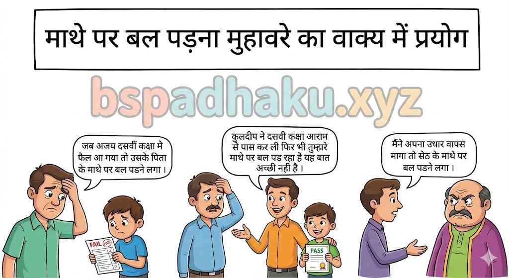 ‌‌‌माथे पर बल पड़ना मुहावरे का वाक्य में प्रयोग mathe par bal padna muhavare ka vakya me prayog