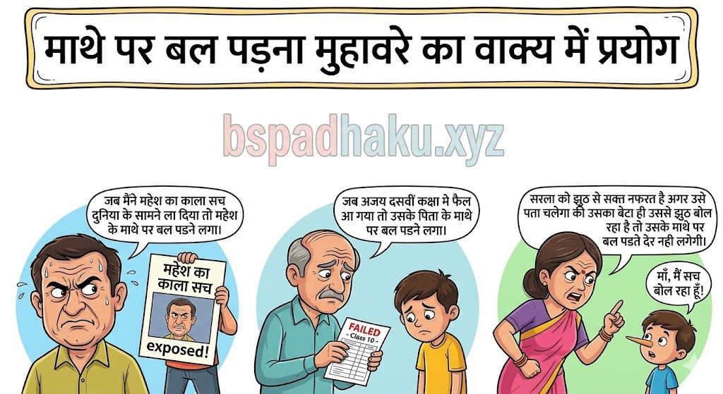 ‌‌‌माथे पर बल पड़ना मुहावरे का वाक्य में प्रयोग mathe par bal padna muhavare ka vakya me prayog