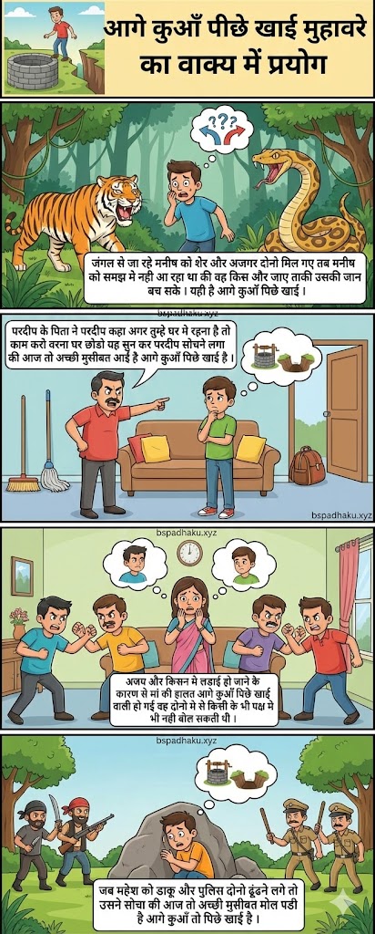 आगे कुआँ पीछे खाई का मतलब और वाक्य मे प्रयोग व कहानी