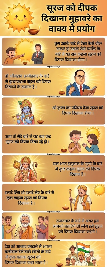 यहां समझे, सूरज को दीपक दिखाना मतलब और वाक्य मे प्रयोग