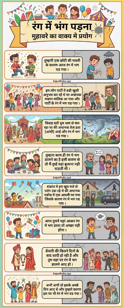 आओ समझें, रंग में भंग पड़ना मुहावरे का अर्थ और वाक्य मे प्रयोग