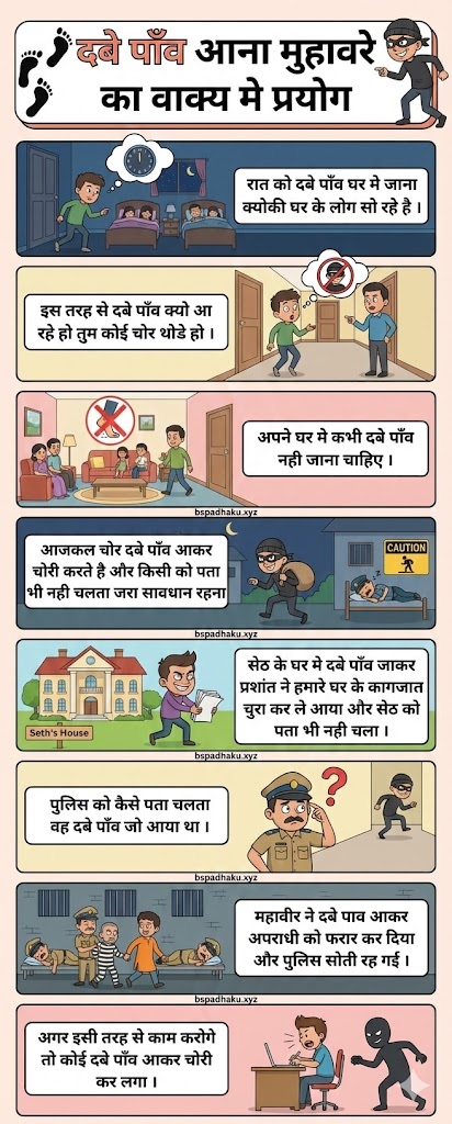 दबे पाँव आना मुहावरे का मतलब व वाक्य मे प्रयोग